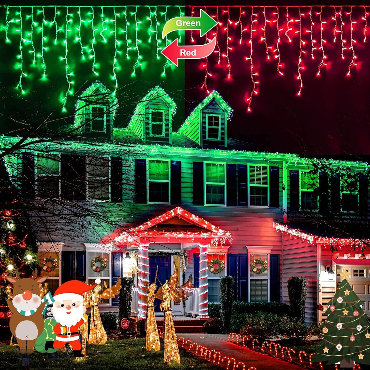 JMEXSUSS 400 LED Christmas Icicle Lights Outdoor, Red & Green Halloween Icicle Lights Clear
