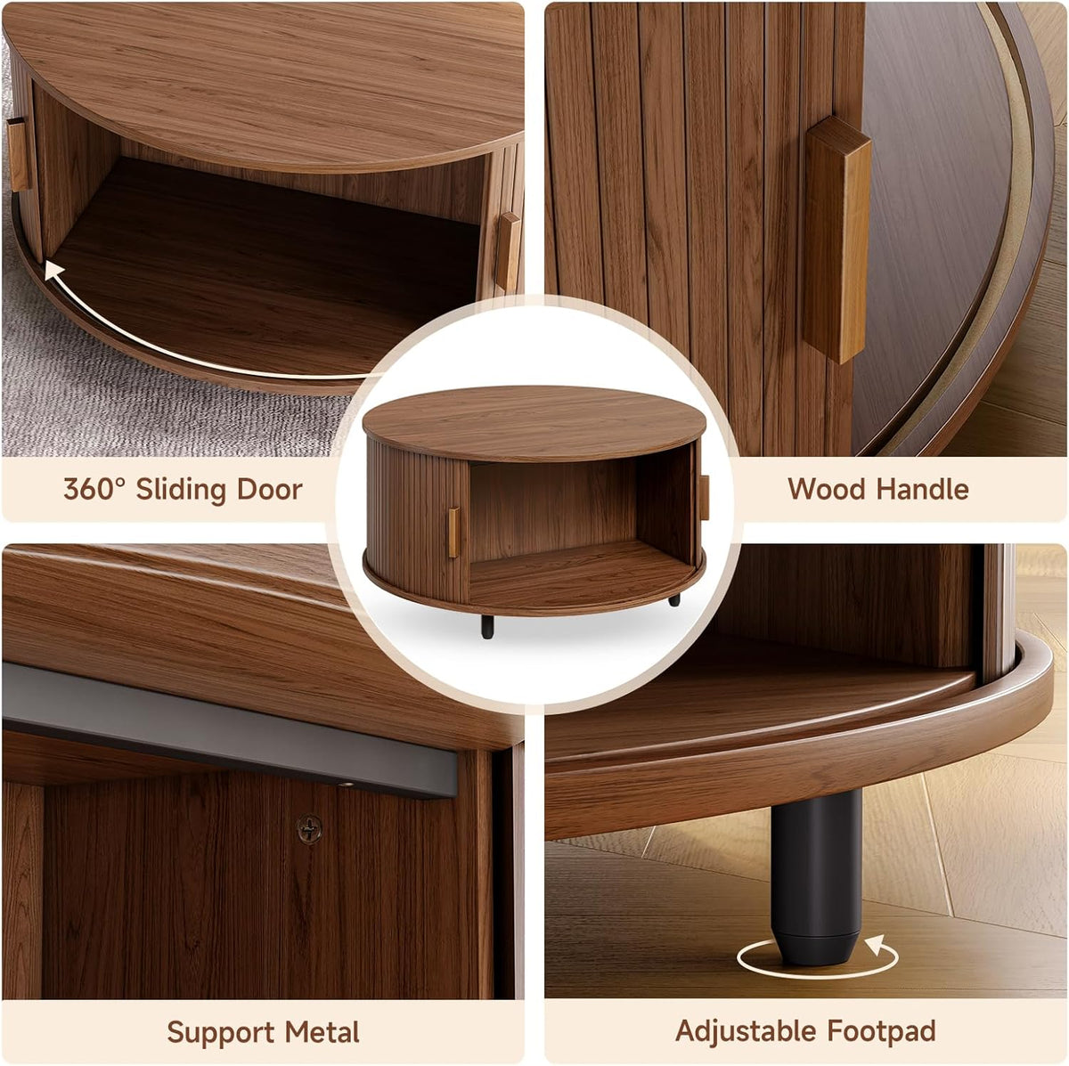 Round Coffee Table with Storage, 31.5" Modern Coffee Table with 360° Curved Sliding Door, Fluted