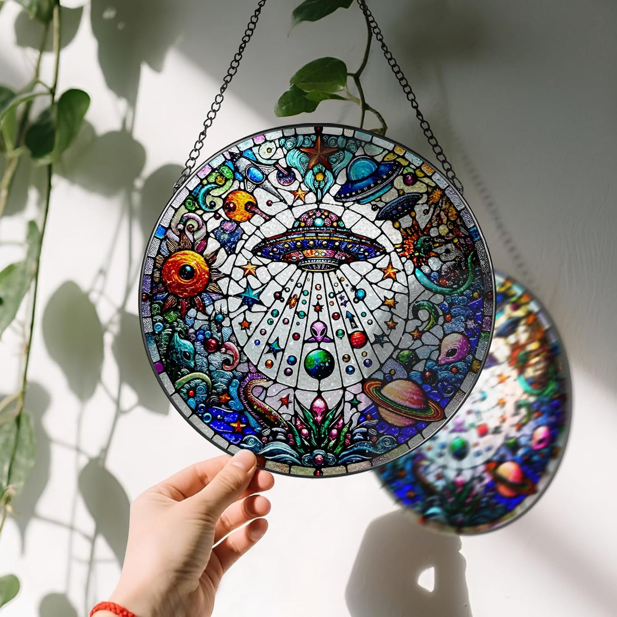 Stained Glass Window Hanging, LAOWEIKI 8'' UFO&Alien Suncatcher, Stained Glass Ornament