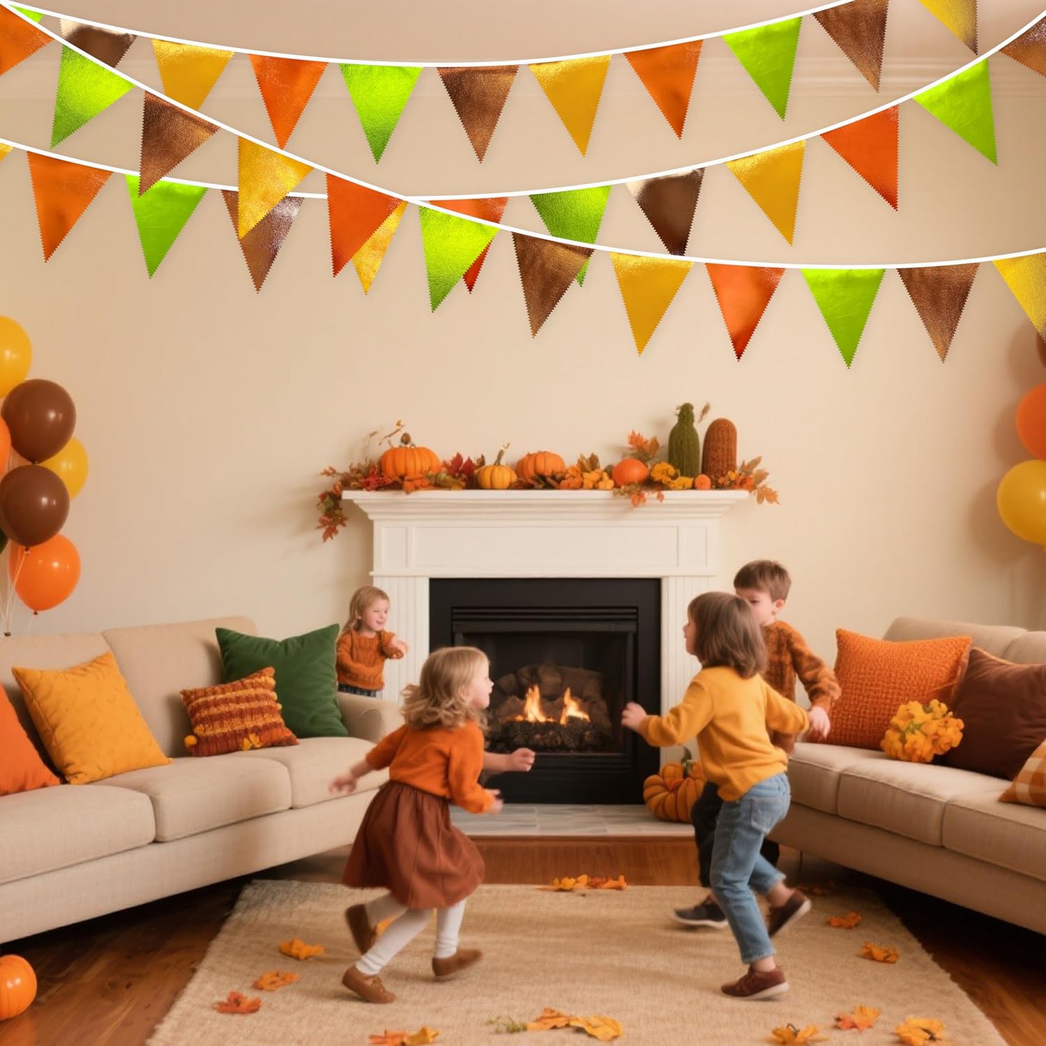 Fall Party Decorations Orange Green Gold Brown Metallic Fabric Triangle Pennant Flag Bunting Banner
