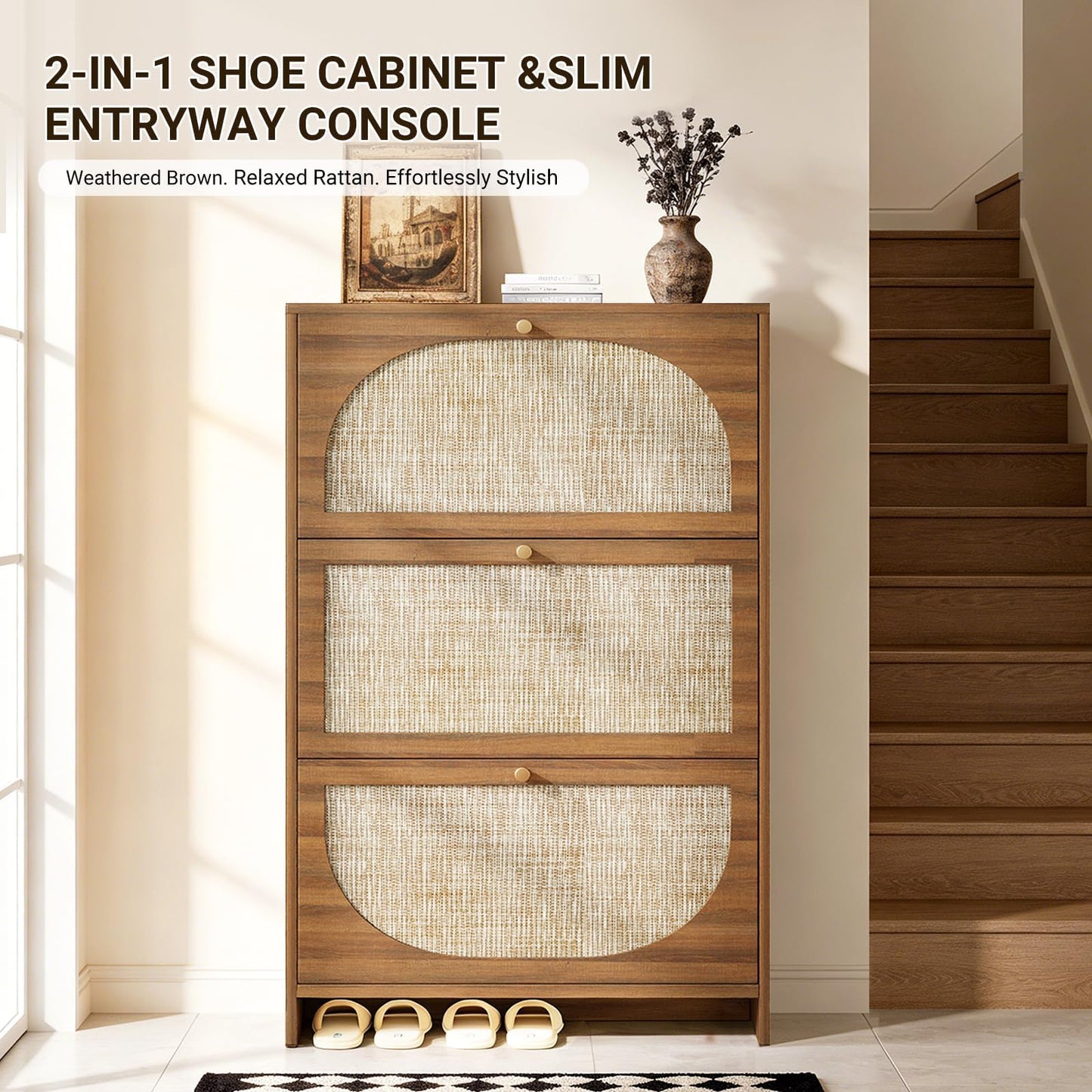 Nicetree Rattan Arched Accent Shoe Storage Cabinet - Freestanding Ultra Slim for Entryway, 3 Flip
