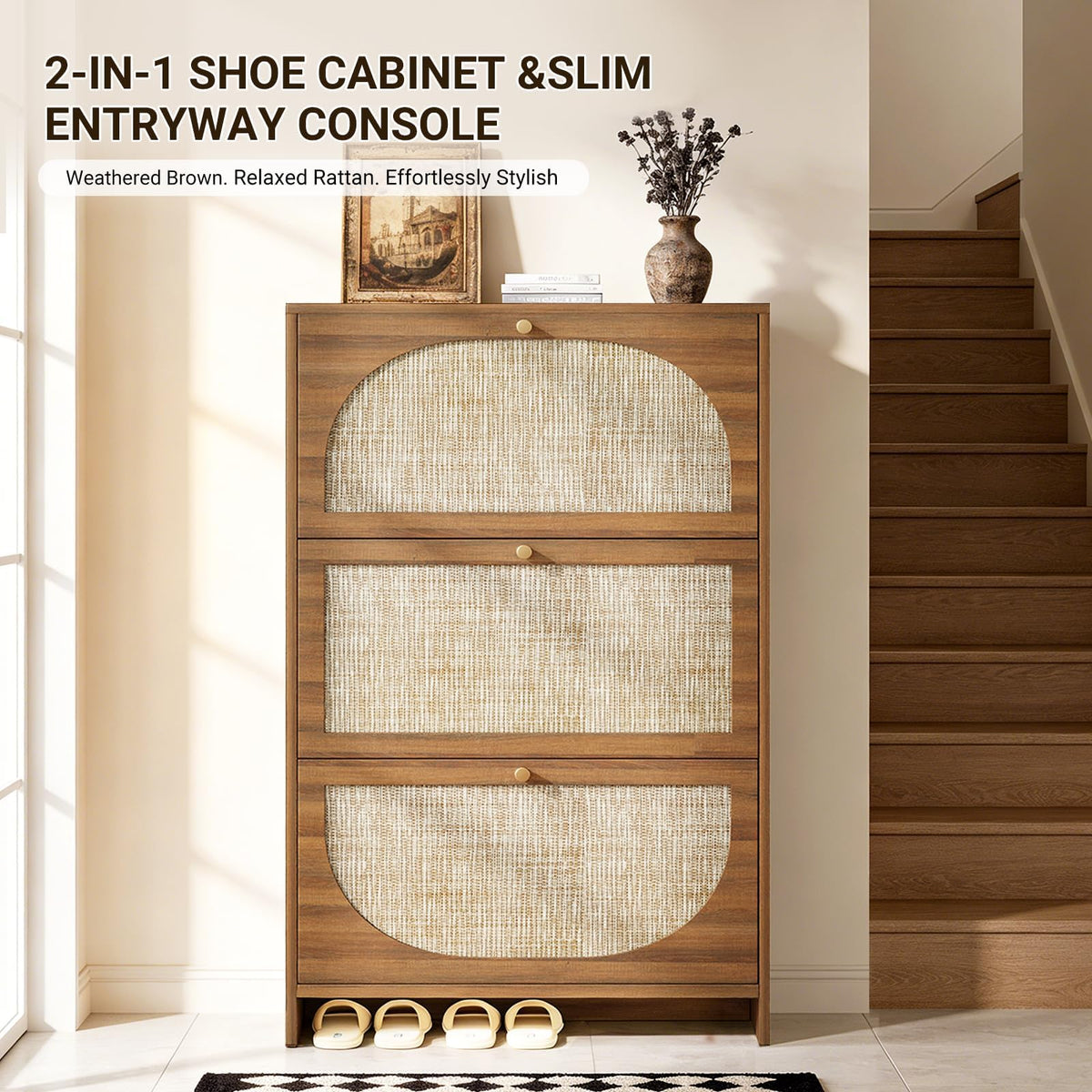 Nicetree Rattan Arched Accent Shoe Storage Cabinet - Freestanding Ultra Slim for Entryway, 3 Flip