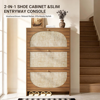 Nicetree Rattan Arched Accent Shoe Storage Cabinet - Freestanding Ultra Slim for Entryway, 3 Flip