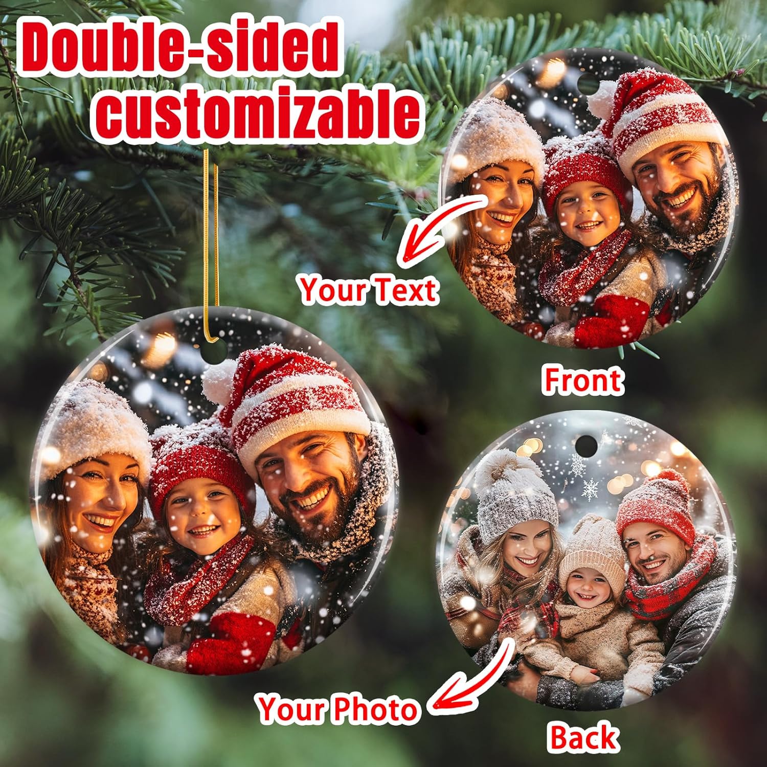 Personalized Christmas Ornaments 2025 - Custom Double-Sided Photo Ceramic Xmas Tree Hanging Decor