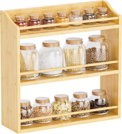 Spice Rack Wall Mounted, Spice Organizer for Counter, Bamboo Spice Storage Holder for Kitchen