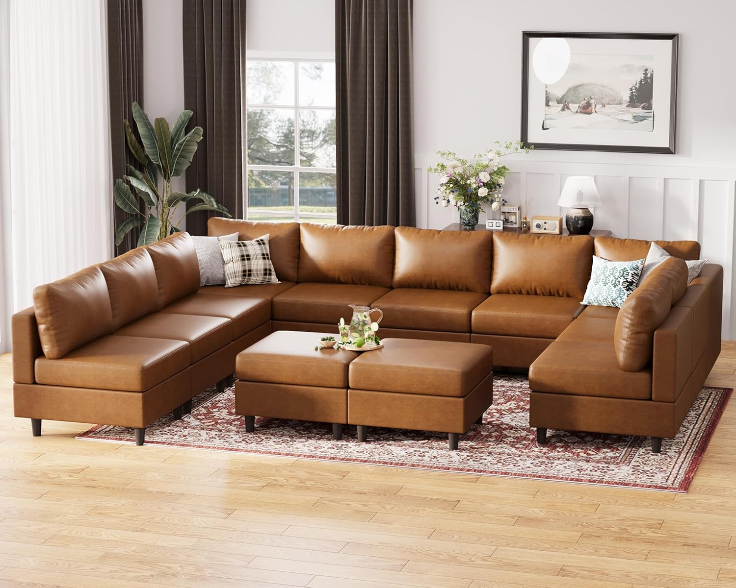 Oversized 145.5" Faux Leather Modular Sectional Sofa, Modern Large 12 Seater U Shaped Couch with