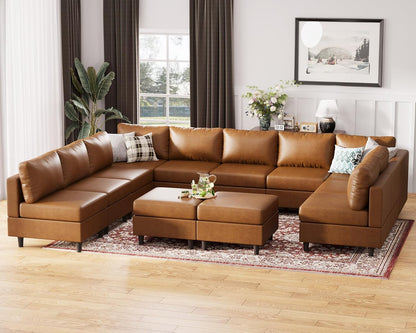 Oversized 145.5" Faux Leather Modular Sectional Sofa, Modern Large 12 Seater U Shaped Couch with