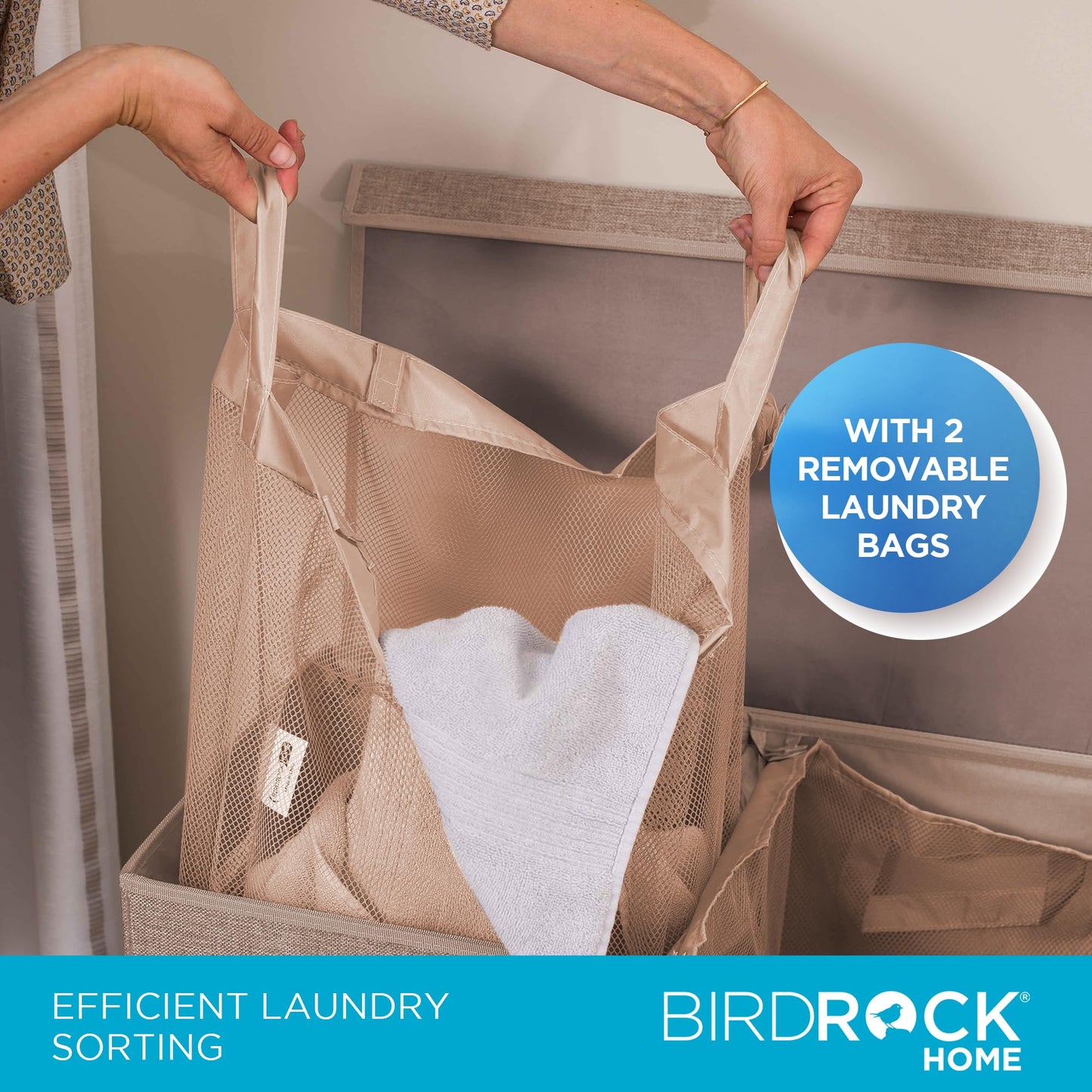 BirdRock Home Double Laundry Hamper with Lid and Removable Liners | Linen | Easily Transport