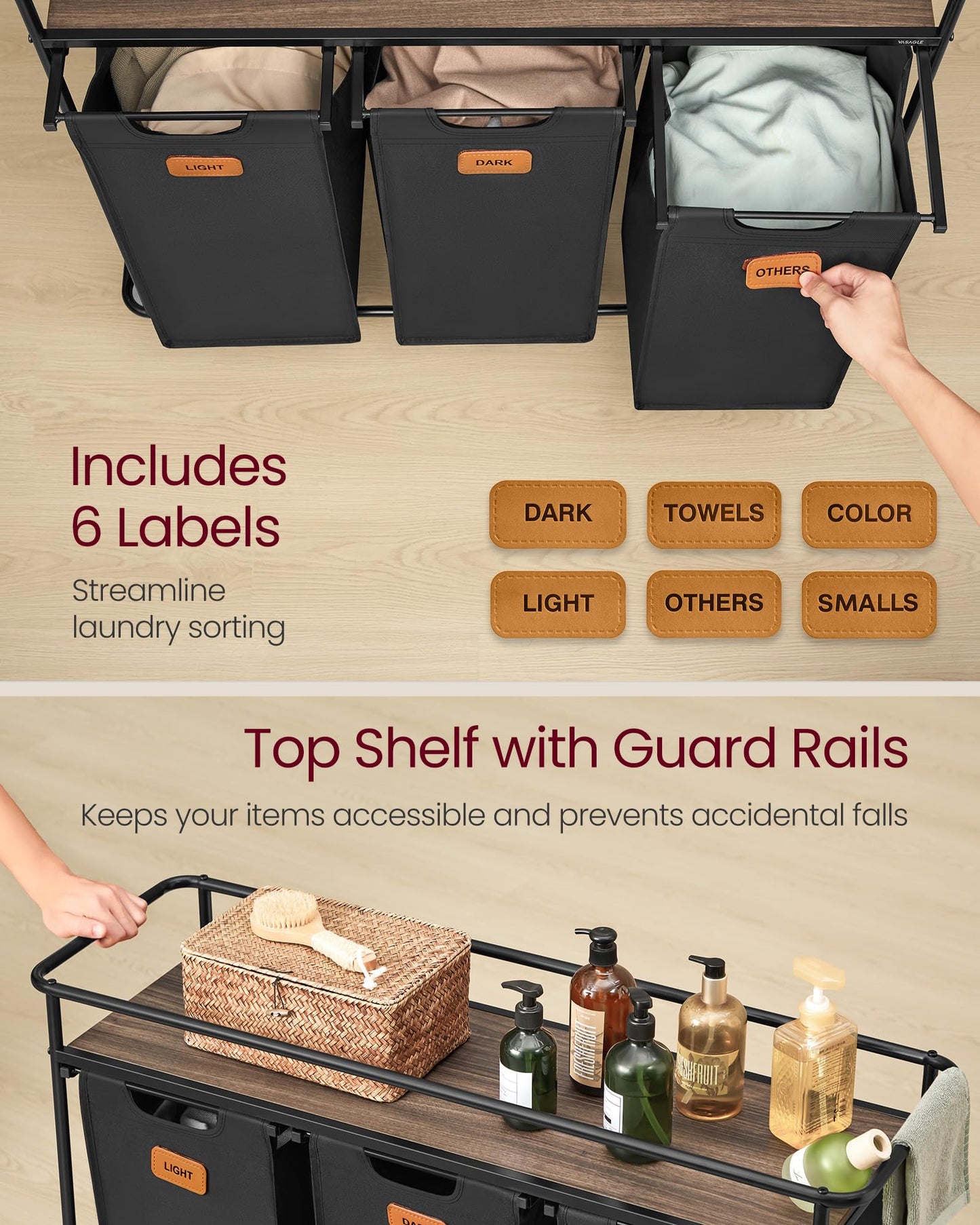 VASAGLE Laundry Sorter, Laundry Hamper with Wheels, 39.6 Gal. (150 L) Portable Rolling Cart Baskets