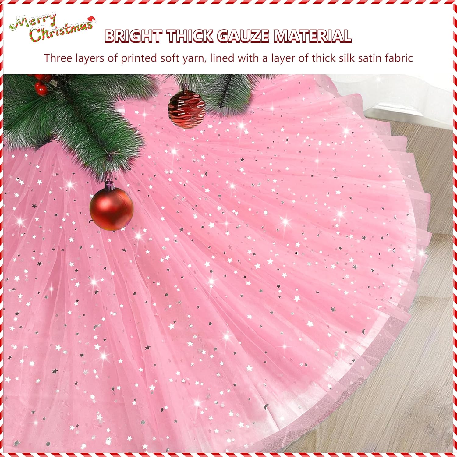 Christmas Wedding Tree Skirt,45 inch 4-Layer Fluffy Romantic Pleated Sparkly Skirt Decoration Xmas