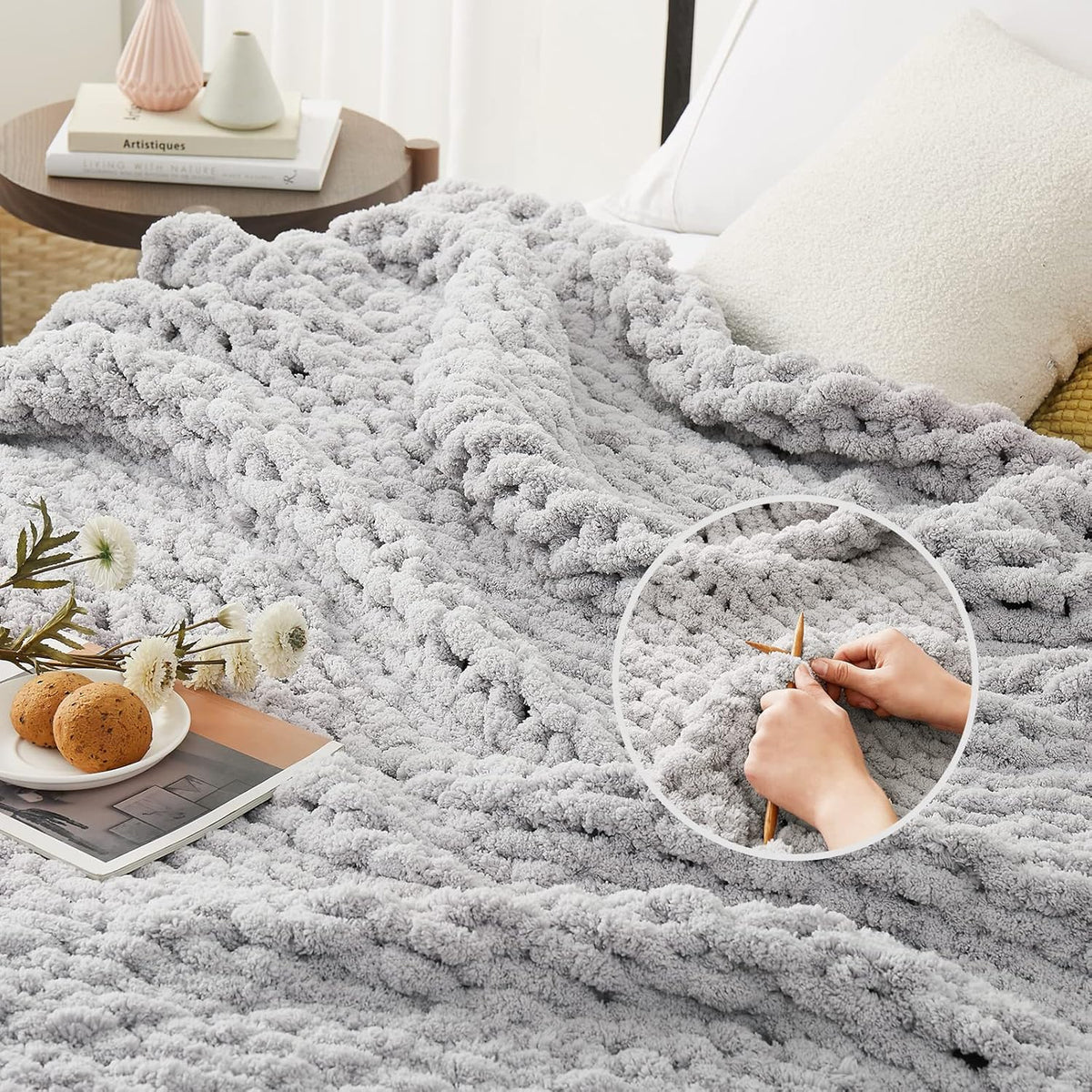L'AGRATY Chunky Knit Blanket Throw: 80''x90'' Chenille Chunky Knitted Throw Blanket for Bed Couch