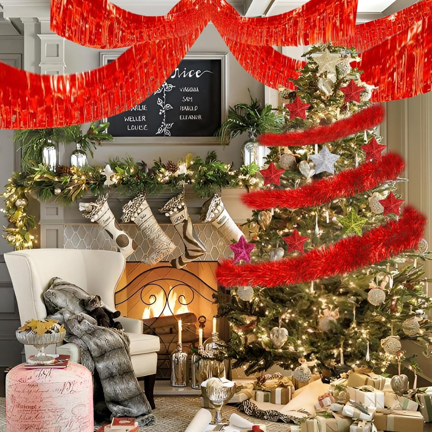 Red Foil Fringe Garland 10FT 2packs, Metallic Foil Tinsel Fringe Banners for Parade Float