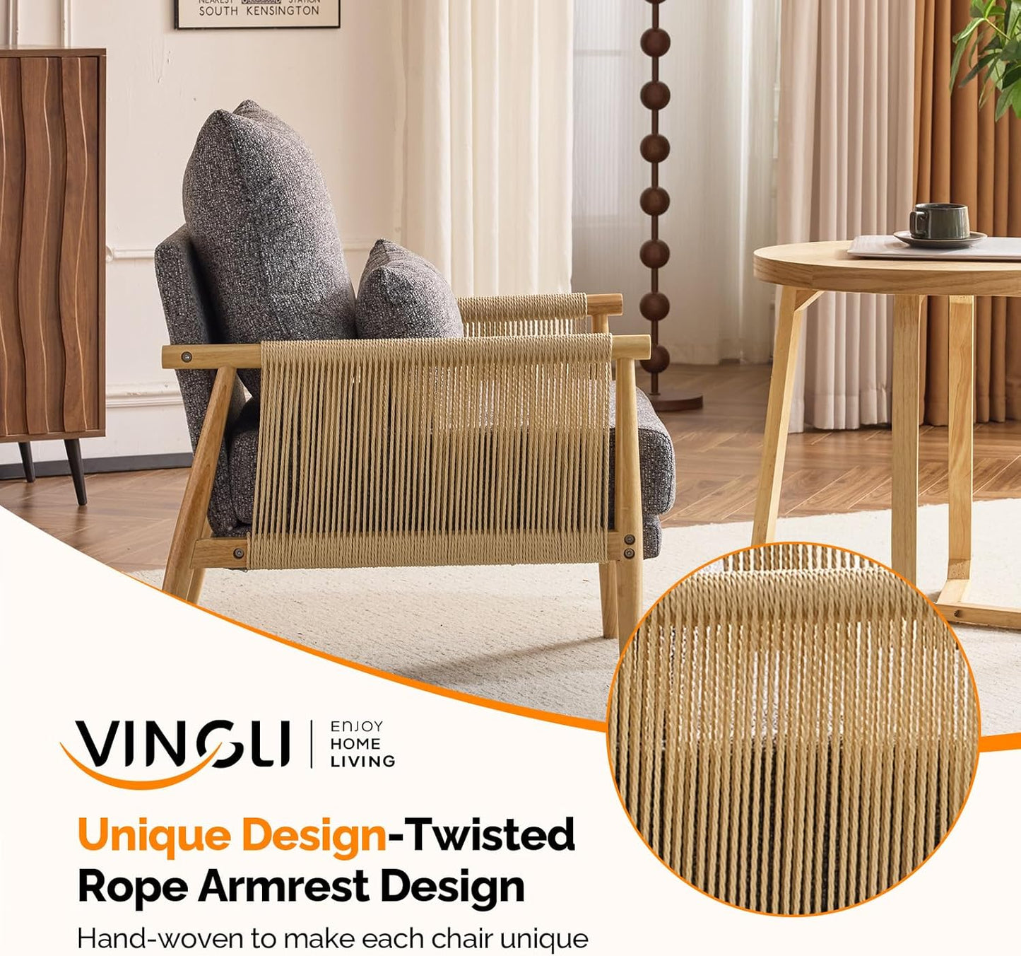 VINGLI Boho Braid Accent Armchair,Mid-Century Modern Chiar with Solid Wooden Armrest,Comfy Louge