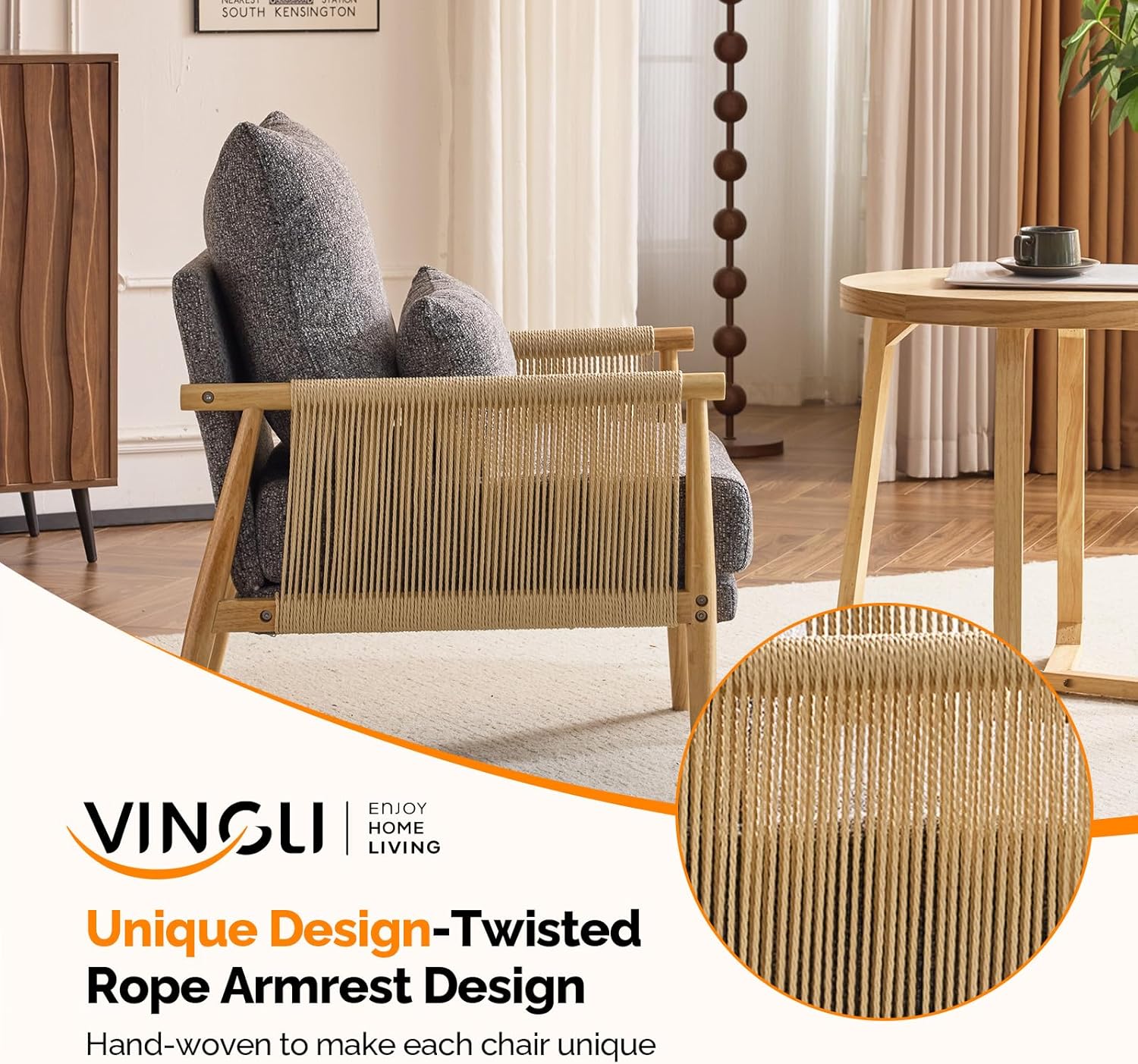 VINGLI Boho Braid Accent Armchair,Mid-Century Modern Chiar with Solid Wooden Armrest,Comfy Louge