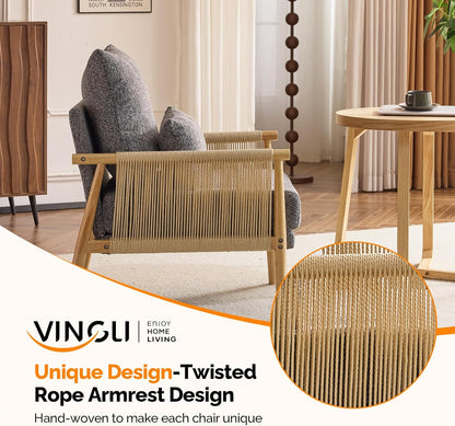 VINGLI Boho Braid Accent Armchair,Mid-Century Modern Chiar with Solid Wooden Armrest,Comfy Louge