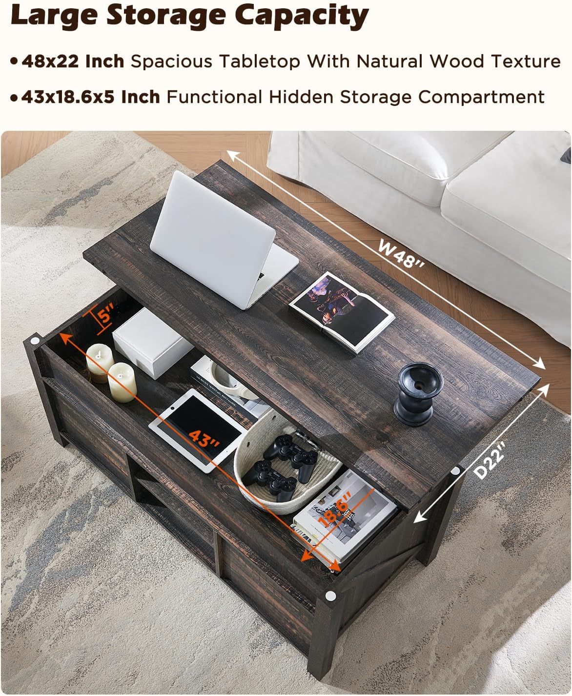 OKD 48" Farmhouse Lift Top Coffee Table with Sliding Barn Door,Rustic Center Table with Hidden
