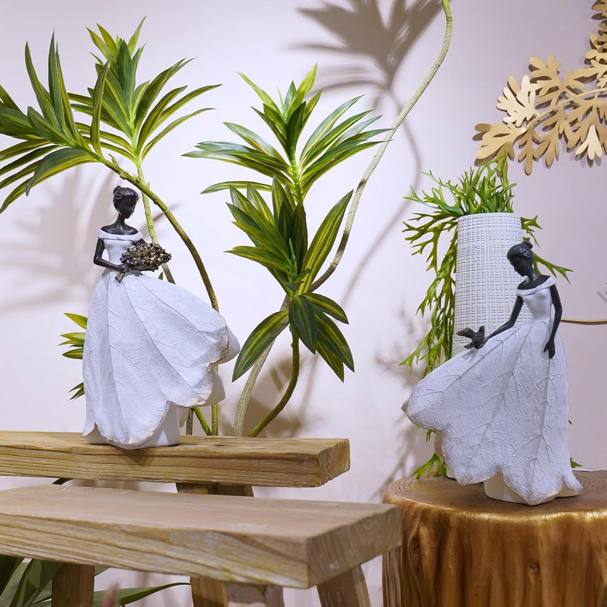 Guichifun Fairy Statue Collection Home Decoration - White Leaf Angel Girls with Bird Resin Home