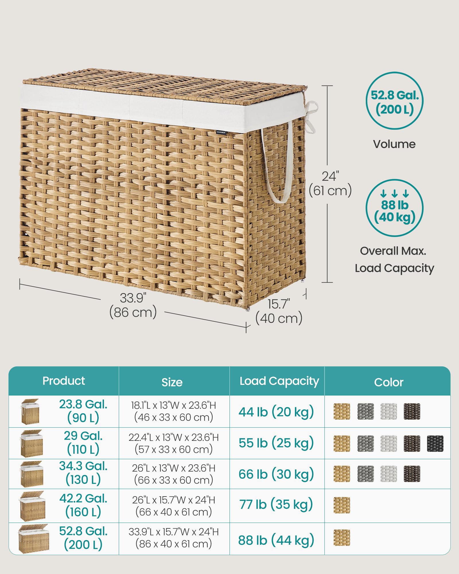 SONGMICS Laundry Hamper with Lid, 200 L Wicker Laundry Basket