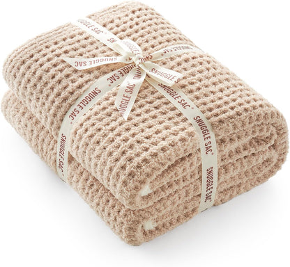 Snuggle Sac Waffle Throw Blanket for Couch Bed Sofa 50x60 inches, Reversible Beige Blanket