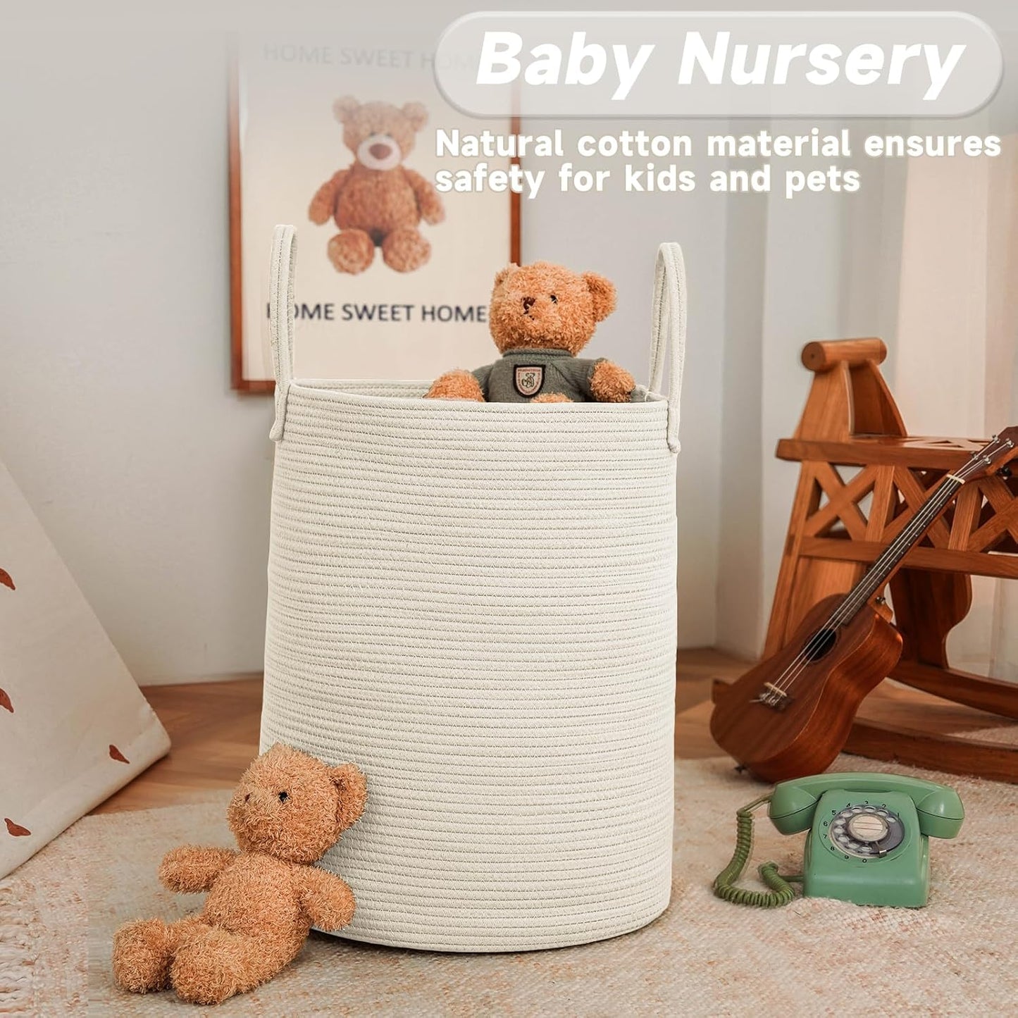 Large Woven Laundry Basket Hamper,60L Cotton Rope Storage Bin for Blankets,Toys and