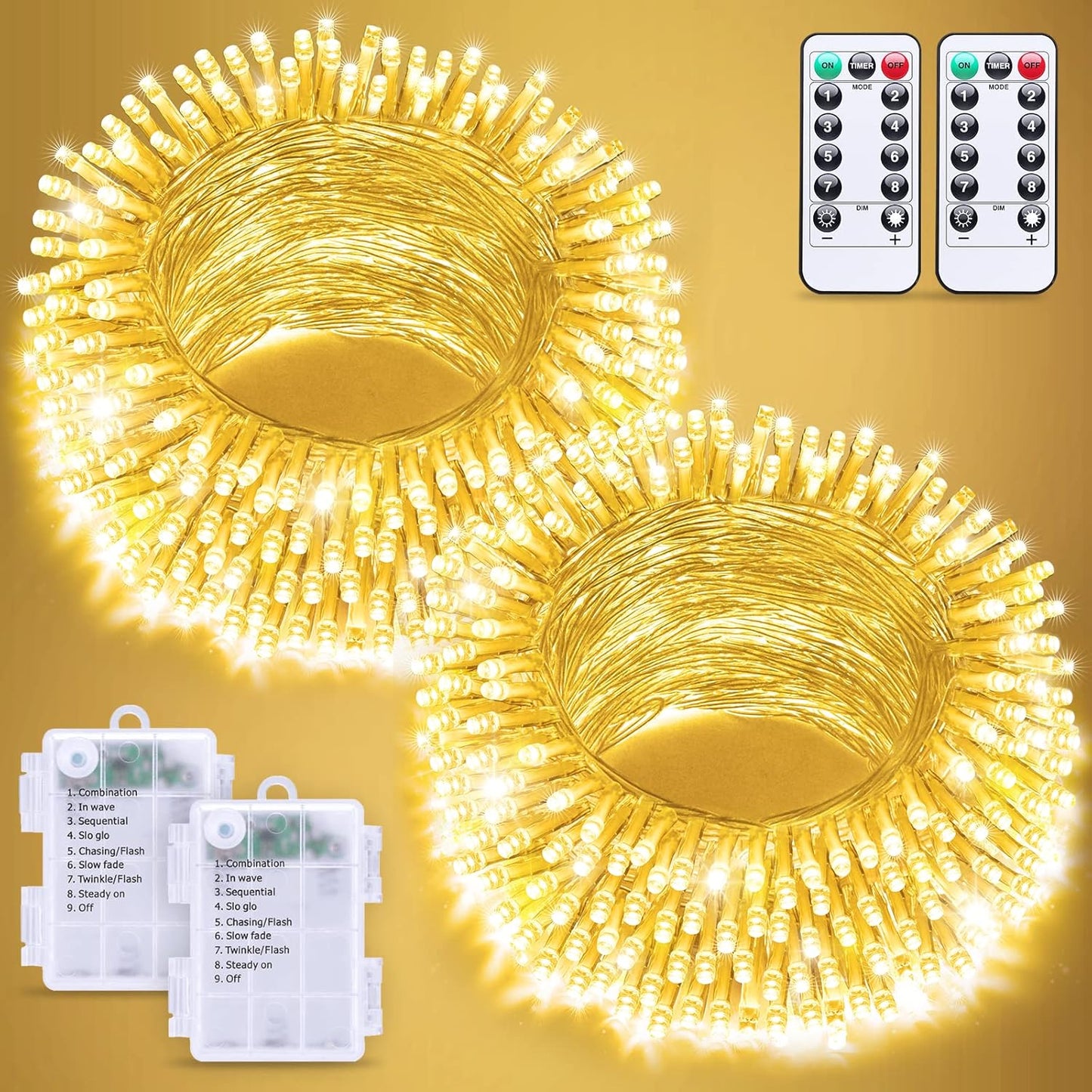 JMEXSUSS 2 Pack Battery Operated String Lights with Remote, Total 66ft 200 LED Battery Christmas
