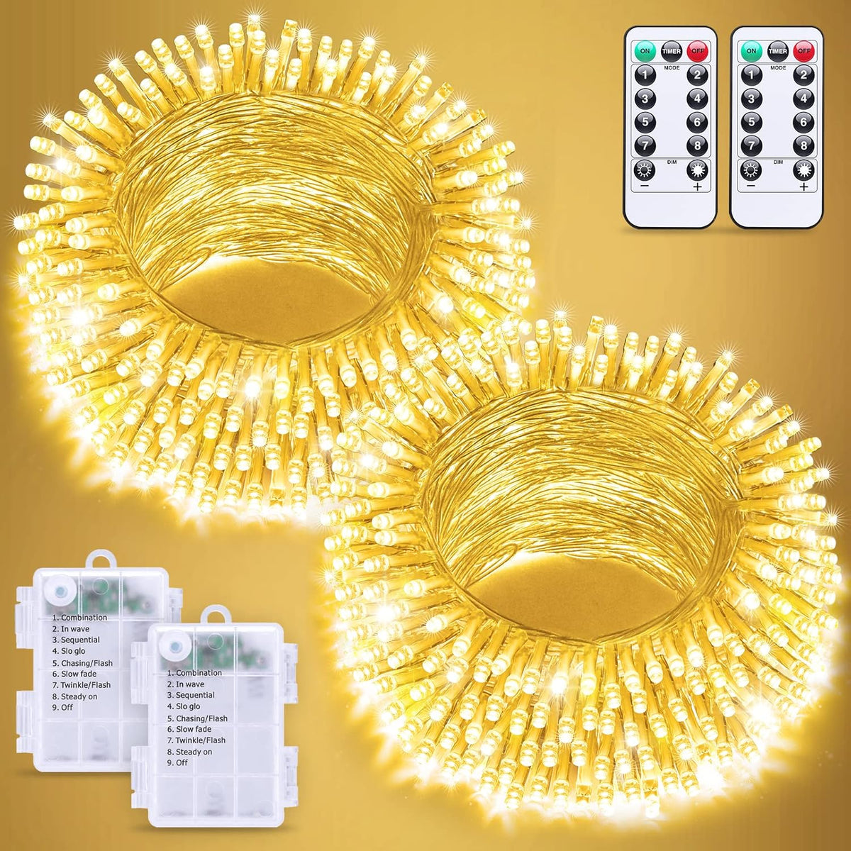 JMEXSUSS 2 Pack Battery Operated String Lights with Remote, Total 66ft 200 LED Battery Christmas