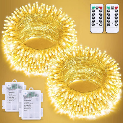 JMEXSUSS 2 Pack Battery Operated String Lights with Remote, Total 66ft 200 LED Battery Christmas