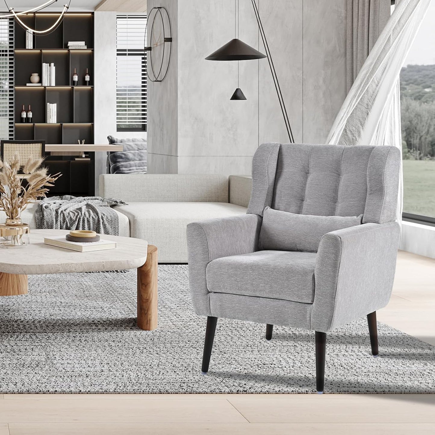 Accent Chair Set of 2, Upholstered Armchair with Pillow, Fabric Single Sofa Chair with Lounge Seat