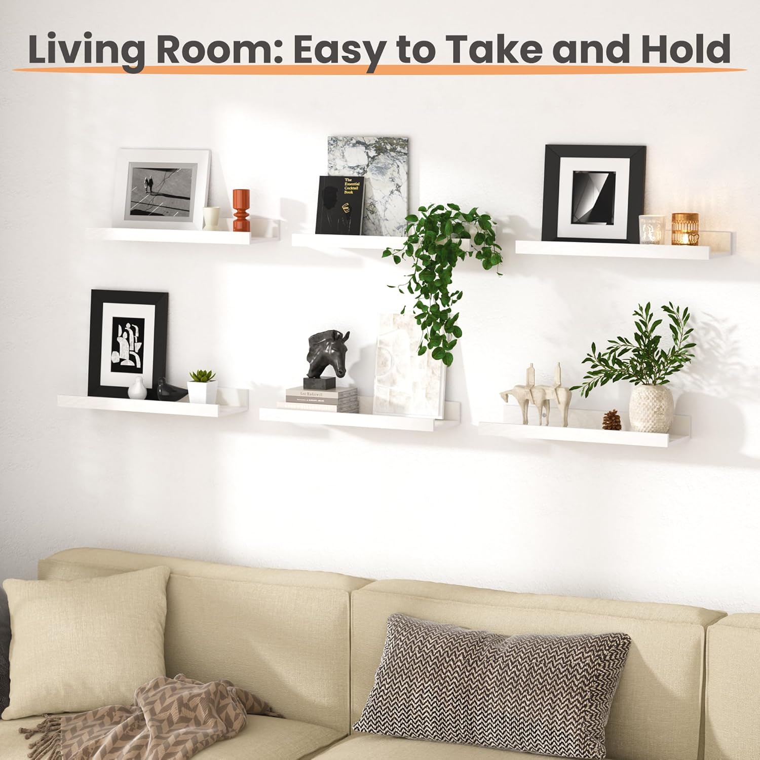 upsimples Floating Shelves for Wall, Wall Shelves for Decor Storage Set of 6, Wall Mounted Wood