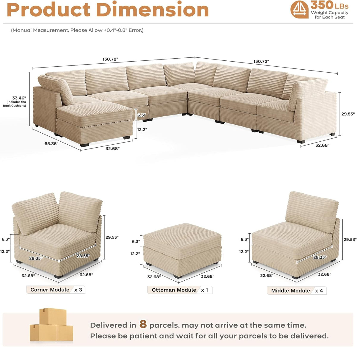 ovios Sectional Sofa Couch with L-Shape Chaise Ottoman, Comfy Modular Cloud Couches with Deep Seat