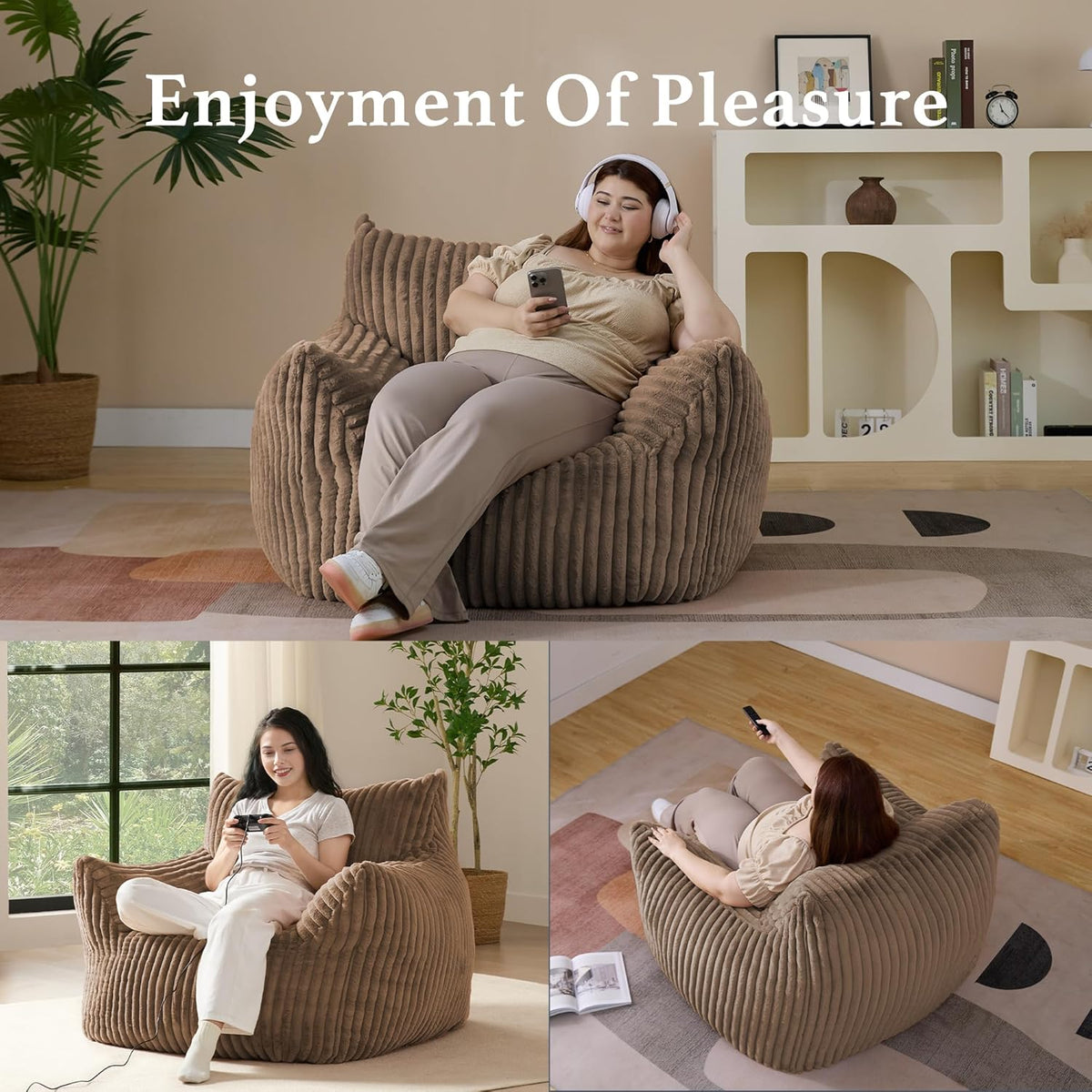 Giant Plush Bean Bag Chair for Adults with Armrests - Oversized Comfy Khaki Beanbag Lounge Lazy