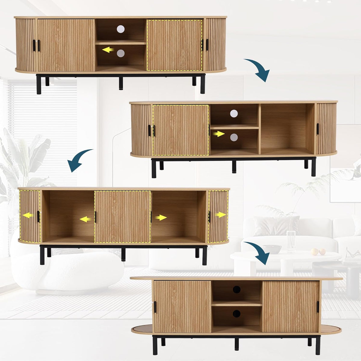 62" Tambour Door TV Stand,Wood Mid Century Modern TV Cabinet for Up to 75“ TV,Curved Edge Long TV