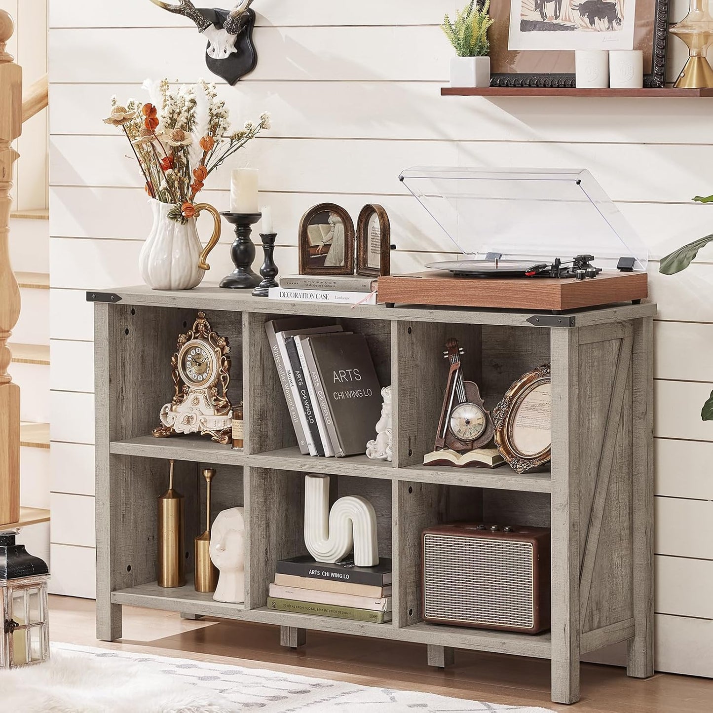 Farmhouse 6 Cube Bookshelf, Rustic Grey Oak Wooden Storage Organizer Book Shelf, 47 Inch Cubby