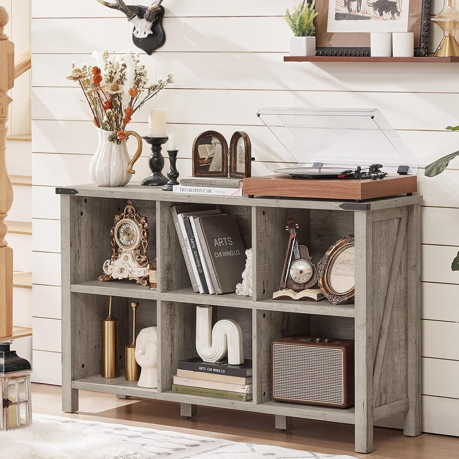 Farmhouse 6 Cube Bookshelf, Rustic Grey Oak Wooden Storage Organizer Book Shelf, 47 Inch Cubby