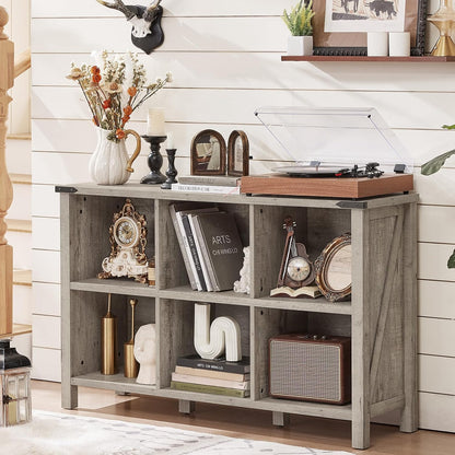Farmhouse 6 Cube Bookshelf, Rustic Grey Oak Wooden Storage Organizer Book Shelf, 47 Inch Cubby