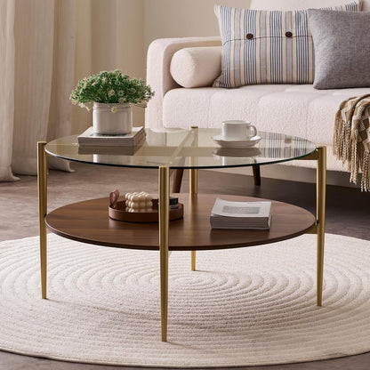 Round Coffee Table, Mid-Century Modern Design, D30“ x H17”, for Living Room, 2-Tier Structure