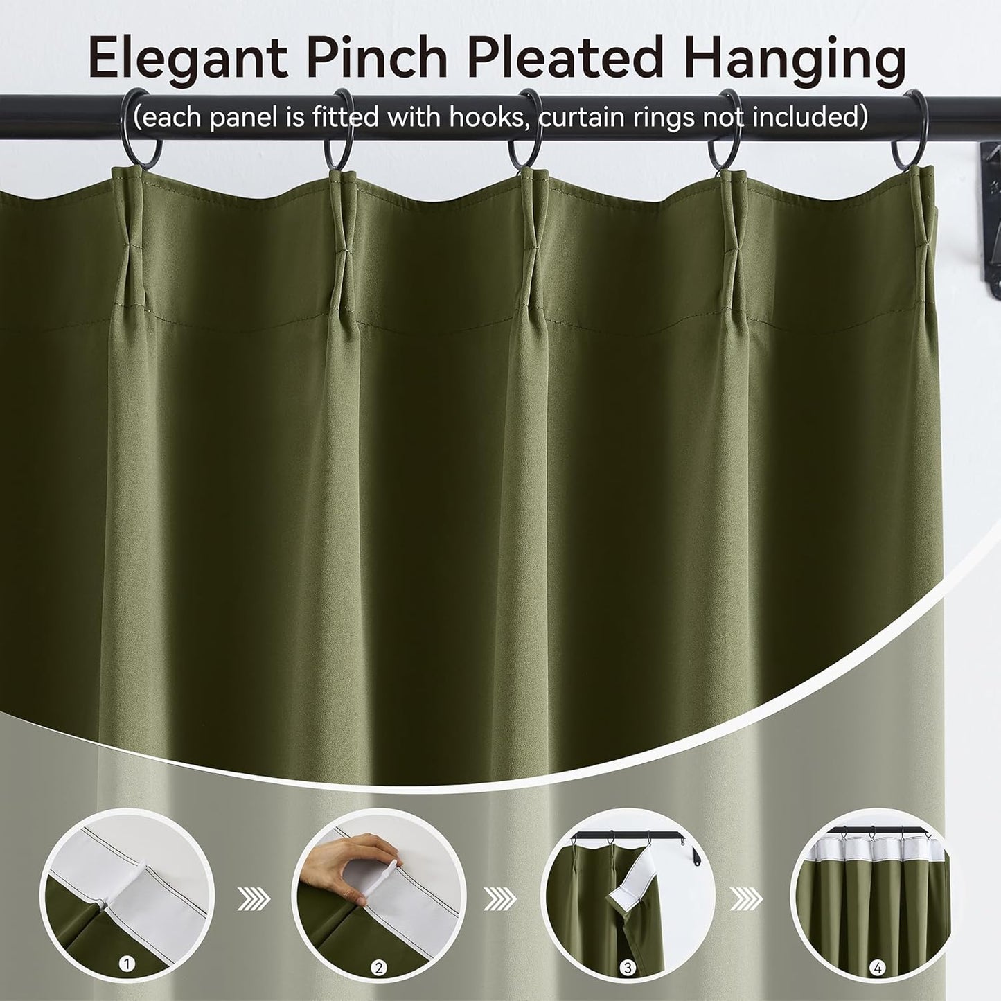 KangBang Olive Green Pinch Pleated Blackout Curtains 120 Inches Long for Hall Windows, Sound