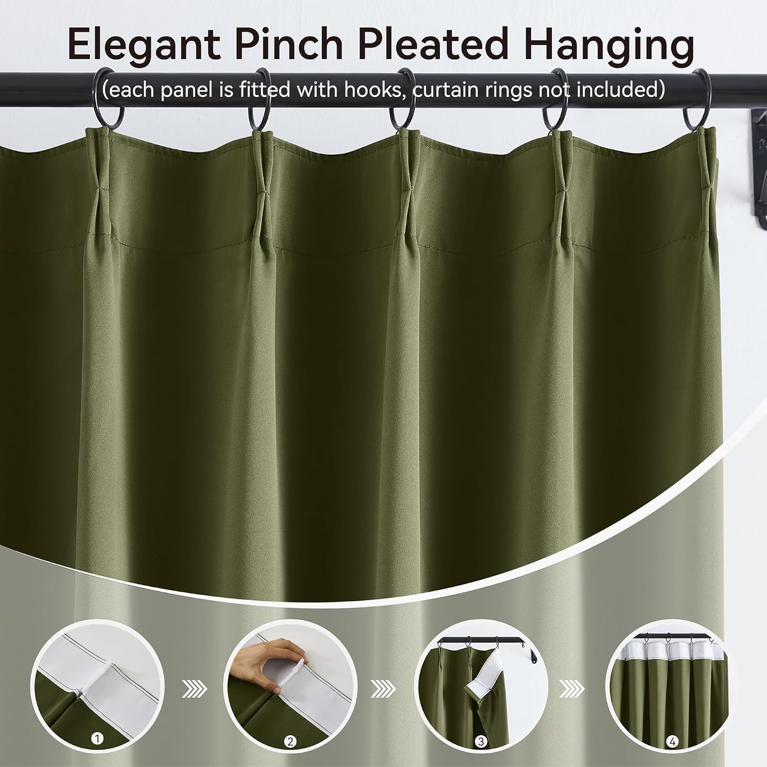 KangBang Olive Green Pinch Pleated Blackout Curtains 120 Inches Long for Hall Windows, Sound
