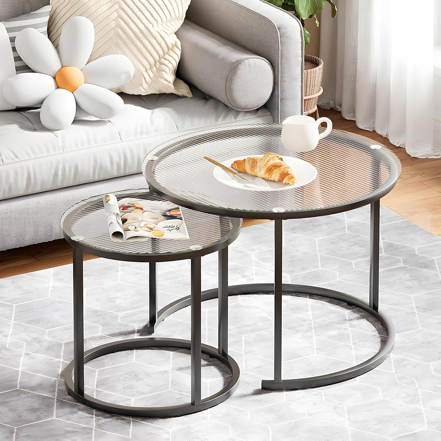 aboxoo Gold Nesting Coffee Table Set of 2, Small Glass Round Nesting Tables for Living Room