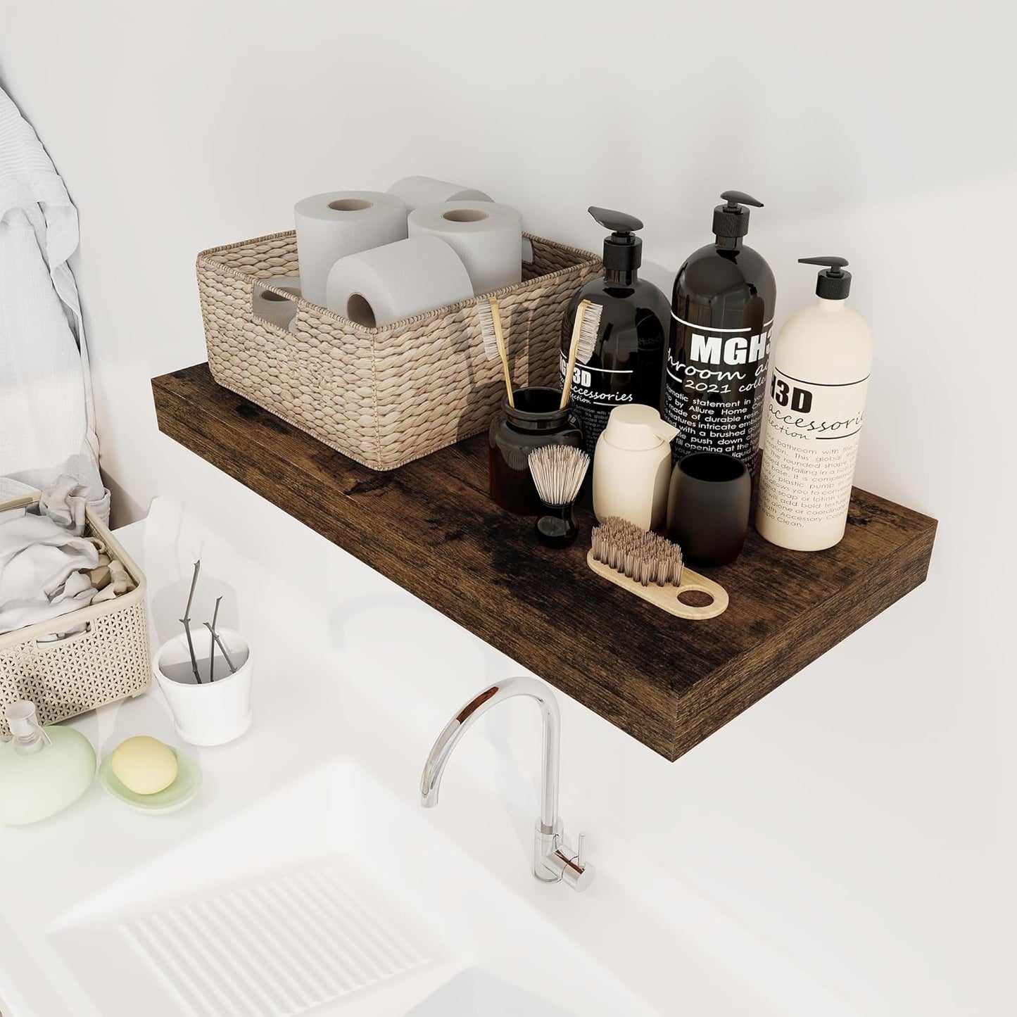 12 Inch Deep Floating Shelves, 24 x 12 Floating Shelf for Books, Rustic Wood Deep Wall Shelves for