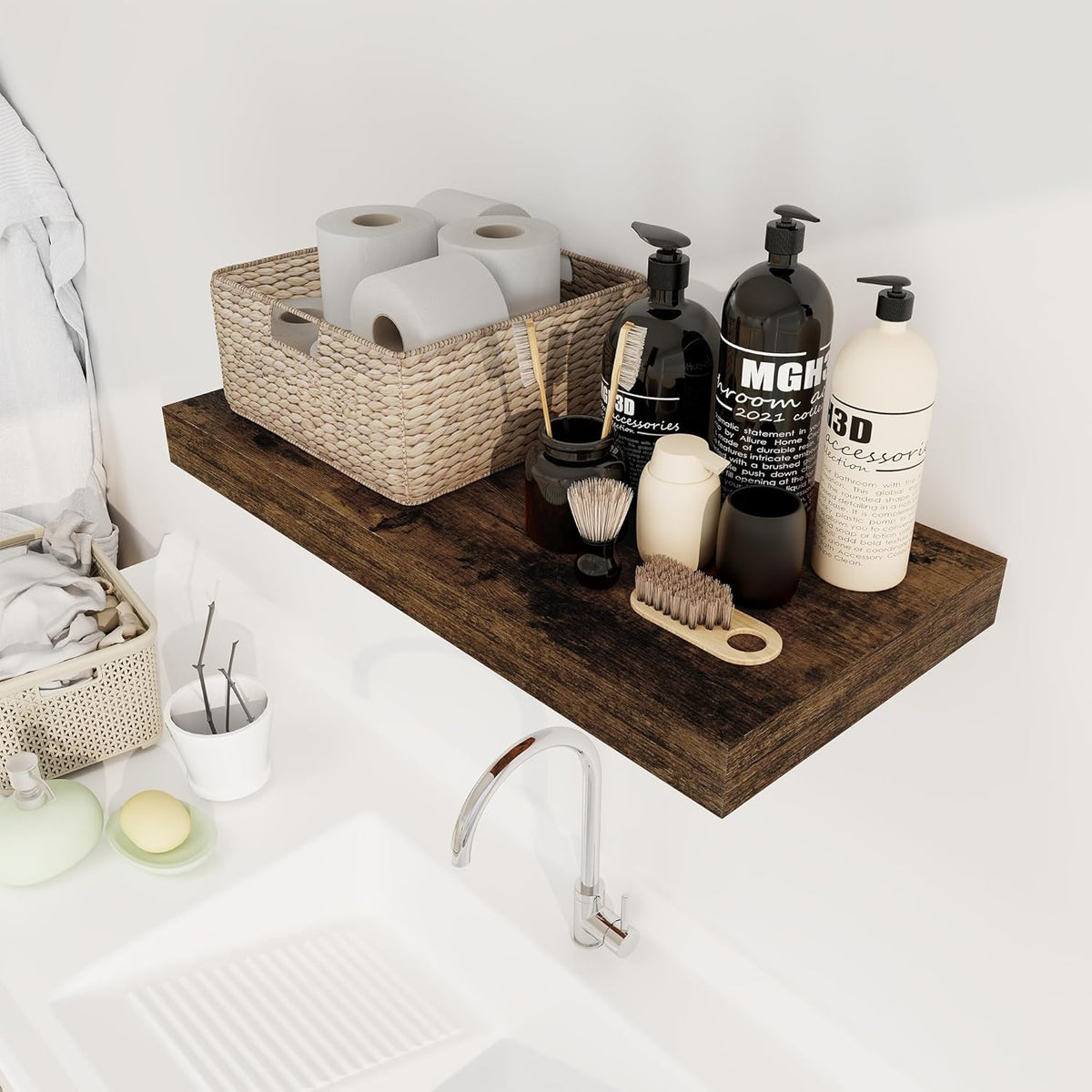 12 Inch Deep Floating Shelves, 24 x 12 Floating Shelf for Books, Rustic Wood Deep Wall Shelves for