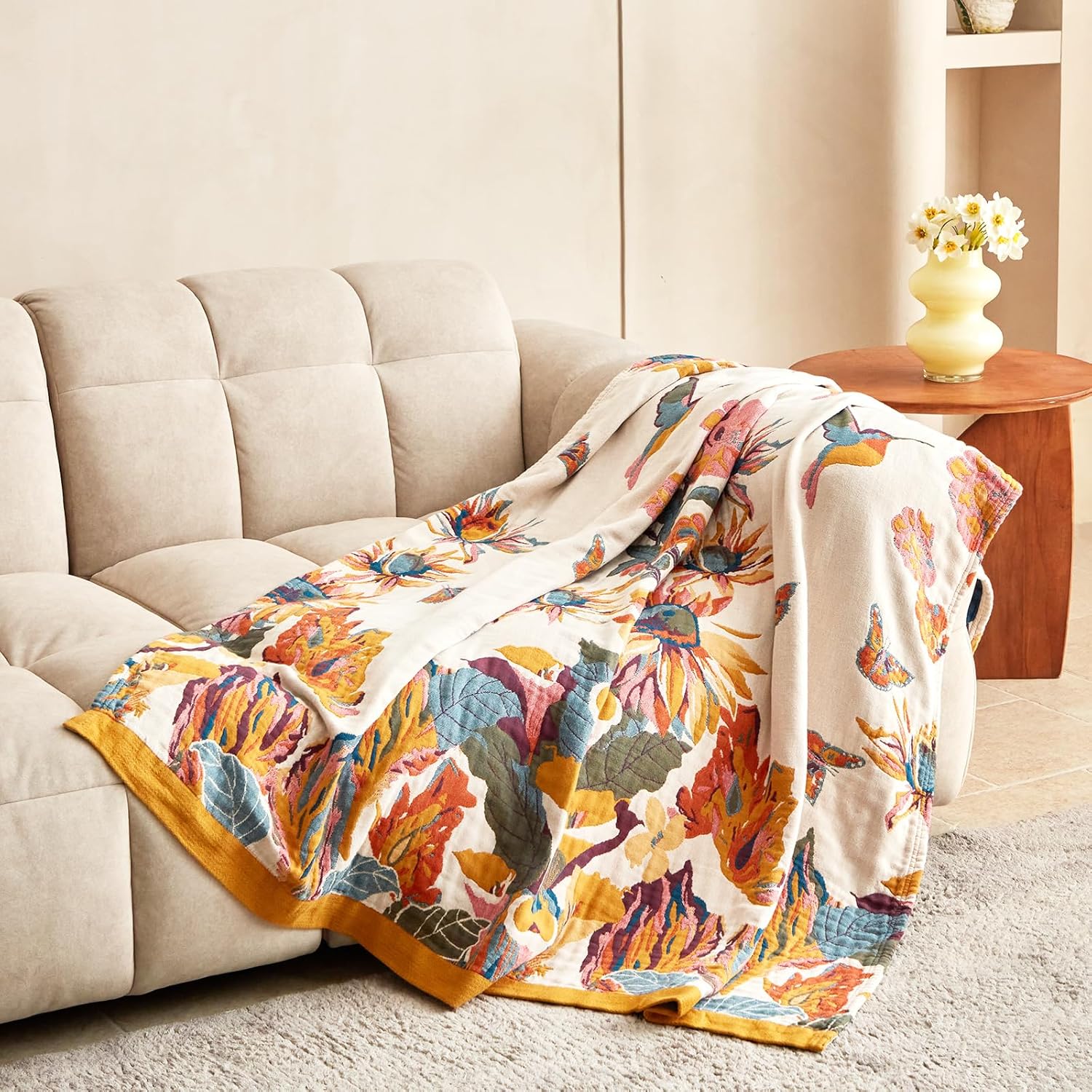 MSGKV Boho Throw Blanket for Couch and Sofa Cotton Cover for Living Room Floral Throw Cozy Blankets