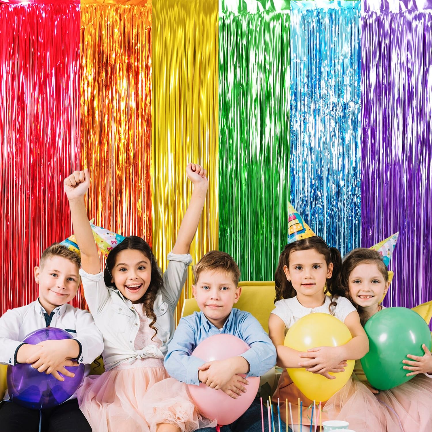 GOER 3.2 ft x 8.2 ft Metallic Tinsel Foil Fringe Curtains Party Photo Backdrop Party Streamers for