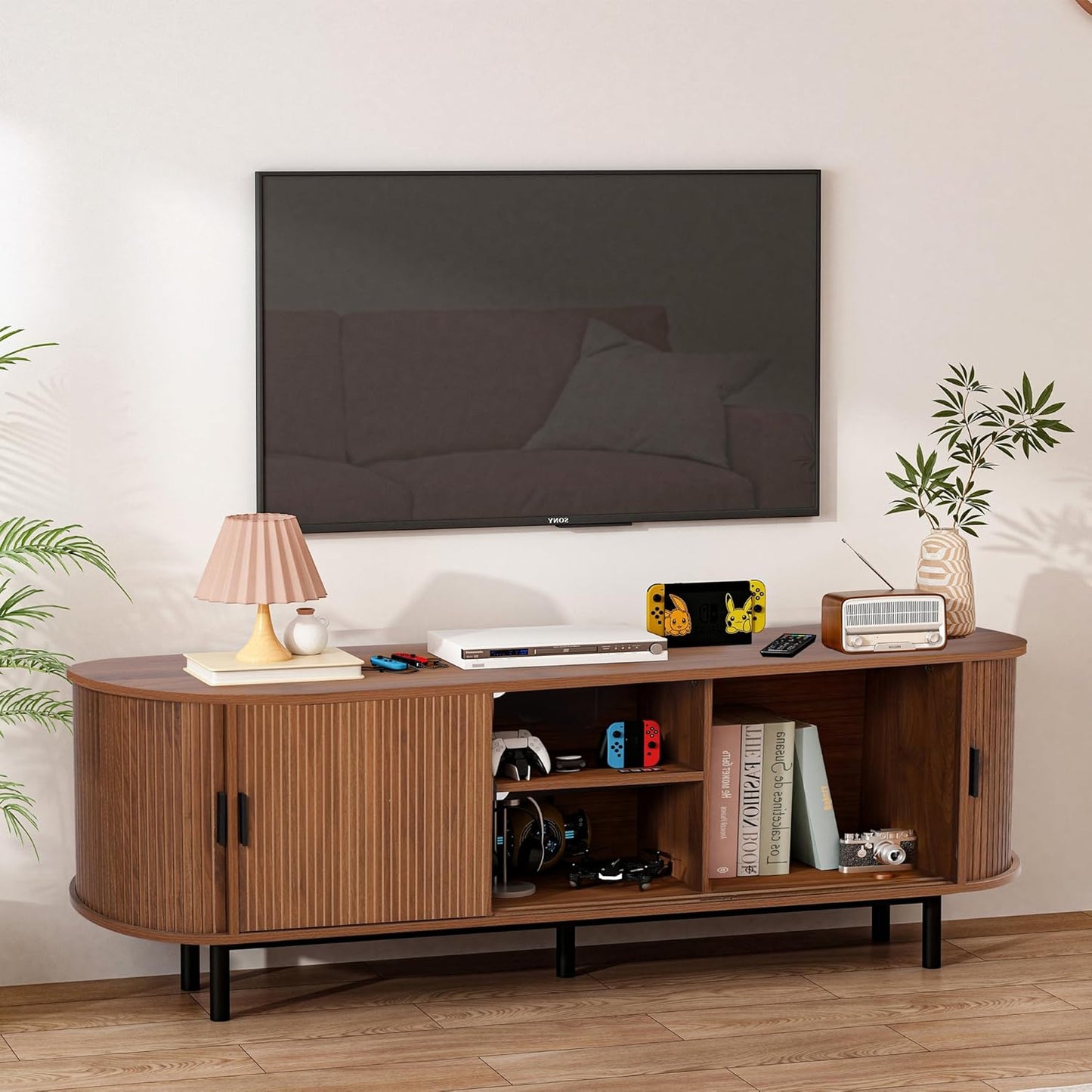 62" Tambour Door TV Stand,Wood Mid Century Modern TV Cabinet for Up to 70“ TV,Curved Edge Long TV