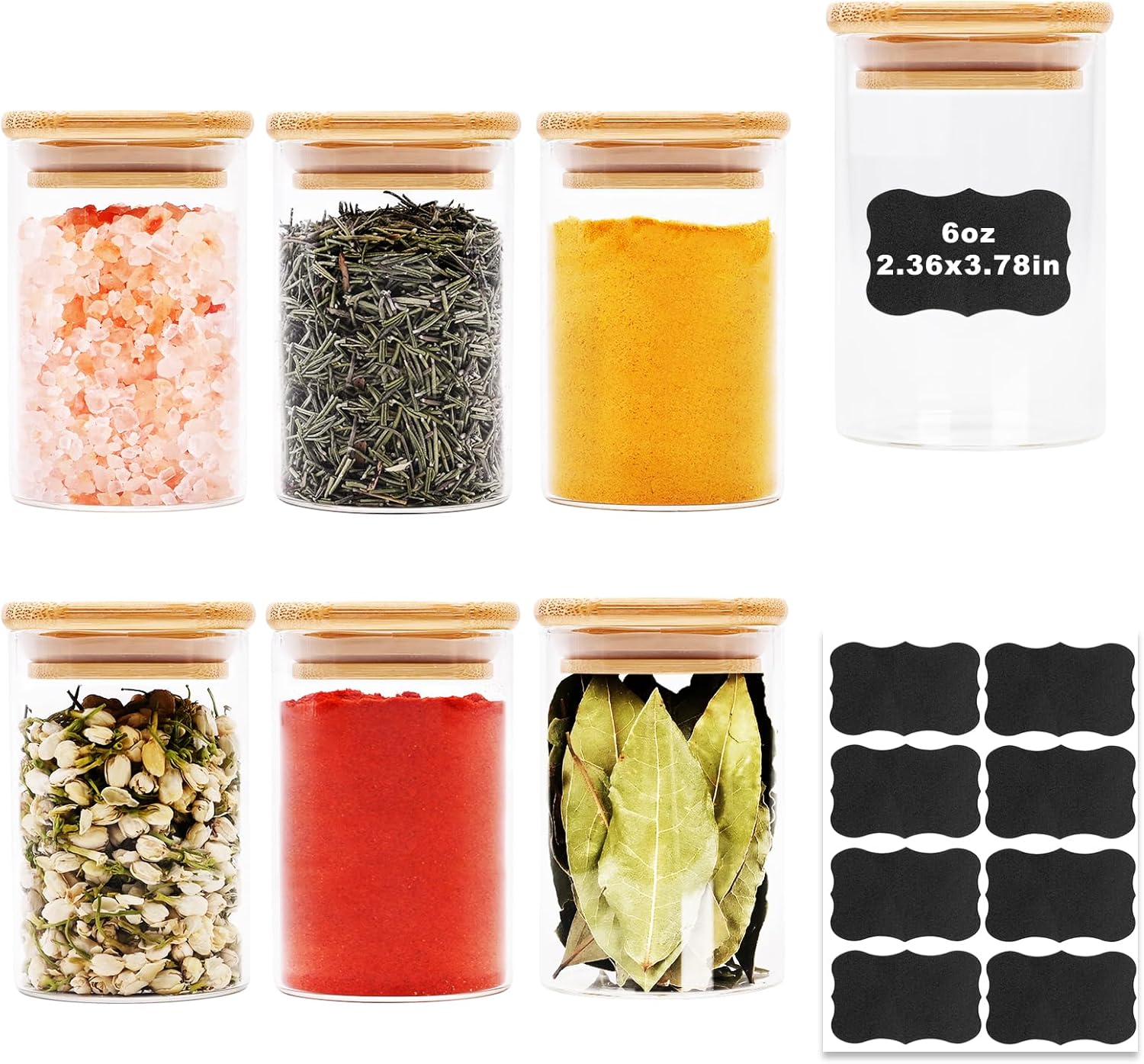 6oz Glass Food Storage Jars, Glass Jars with Bamboo Lids, Kitchen Storage Jars, Set of 6, Canisters