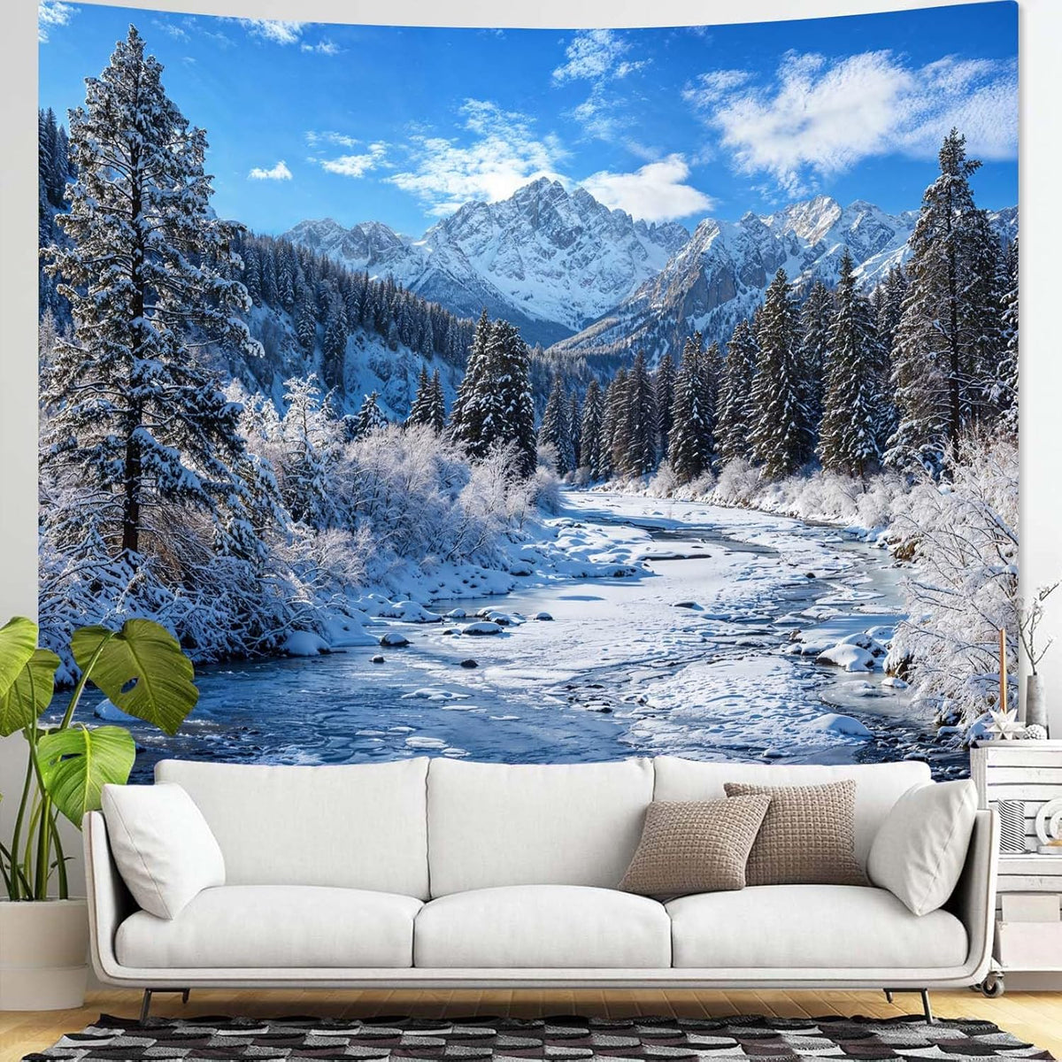 AMM Winter Forest Snow Mountain Tapestry Snowy Pine Tree Woodland Tapestry for Bedroom Aesthetic