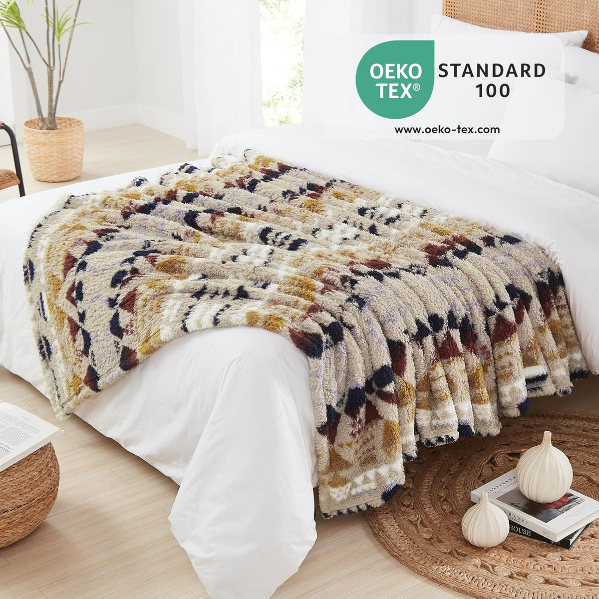 CASAAGUSTO Boho Sherpa Throw Blanket, Aztec Throw Blanket, Ultra Soft, Warm, Cozy, Plush, Thick