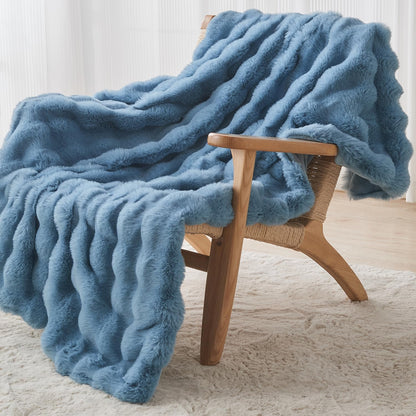 Lotus Karen Fuzzy Throw Blanket Blue - Big Bubble Faux Rabbit Fur Blanket for Couch,Softest Cozy