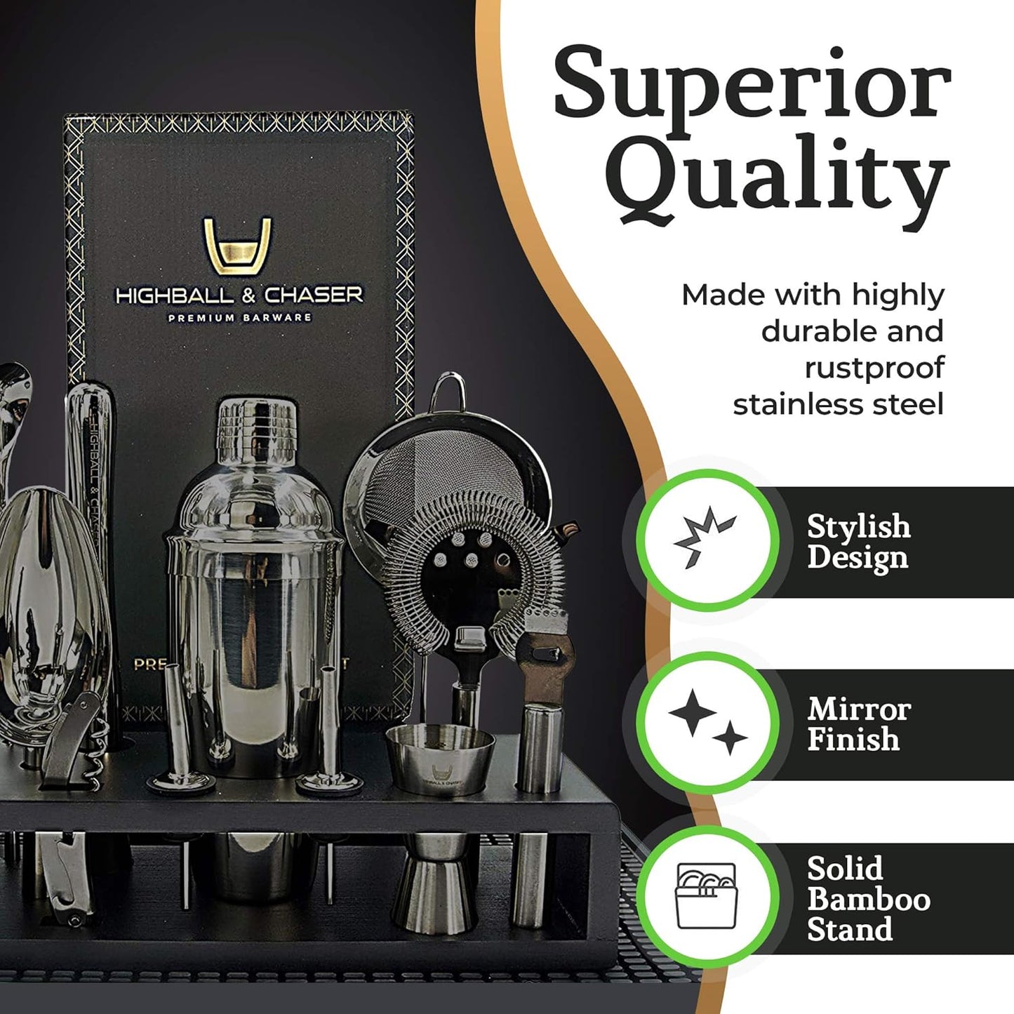 Highball & Chaser 13-Piece Cobbler Cocktail Shaker Set: Black Polished Stainless Steel Bartender