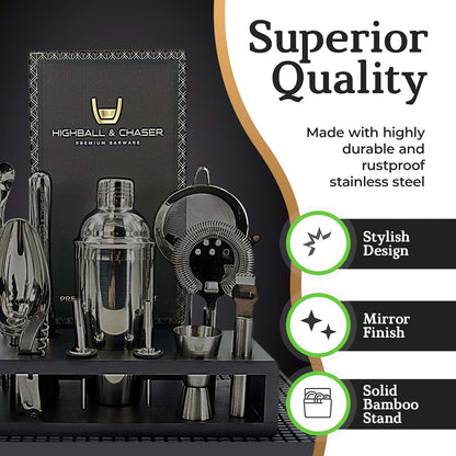 Highball & Chaser 13-Piece Cobbler Cocktail Shaker Set: Black Polished Stainless Steel Bartender